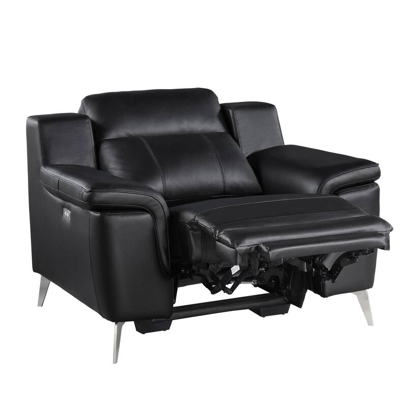Dave 39 Inch Power Recliner Chair, Black Faux and Real Leather, Solid Wood