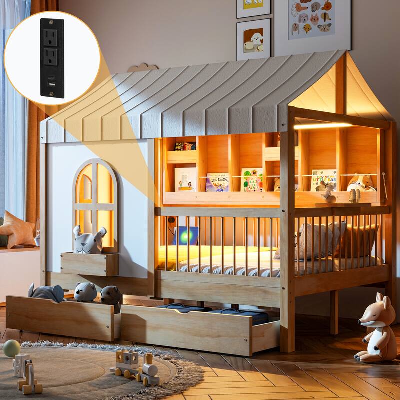 Full Size House Bed Wood Platform Bed with Tent and 21.7 inch Rail, LED Kids Bed with 2 Drawers Side Bookshelf Integrated Socket - Natural - Full