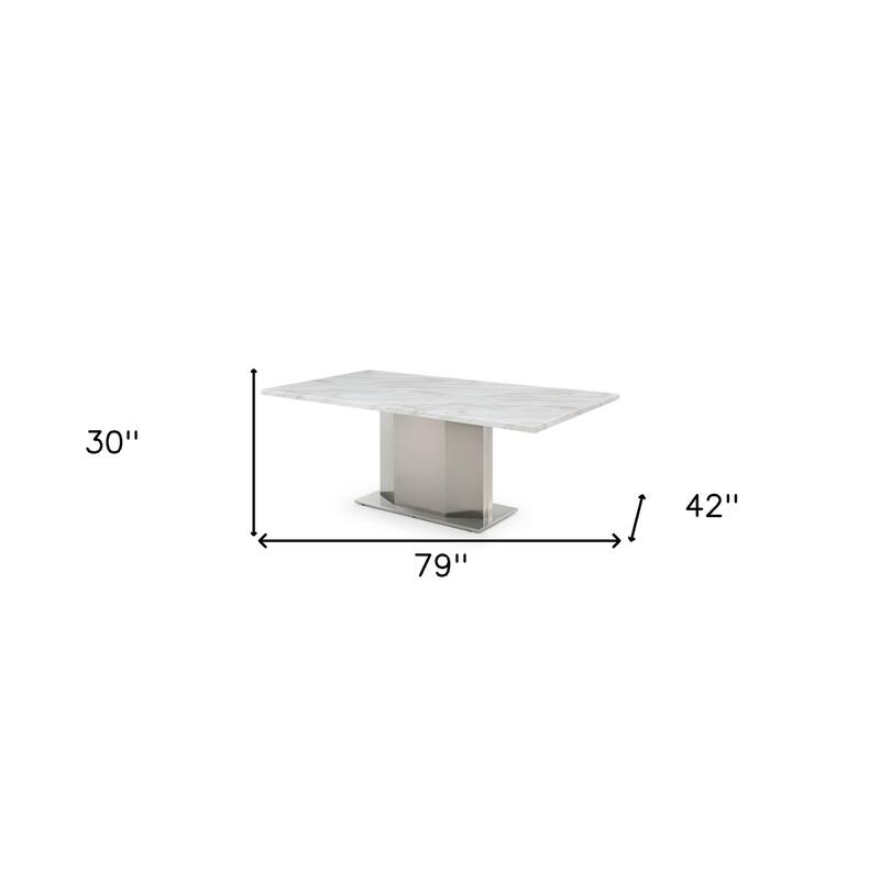 HomeRoots 79" Gray White and Silver Marble and Stainless Steel Pedestal Base Dining Table - 79.00 in. x 30.00 in. x 42.00 in.