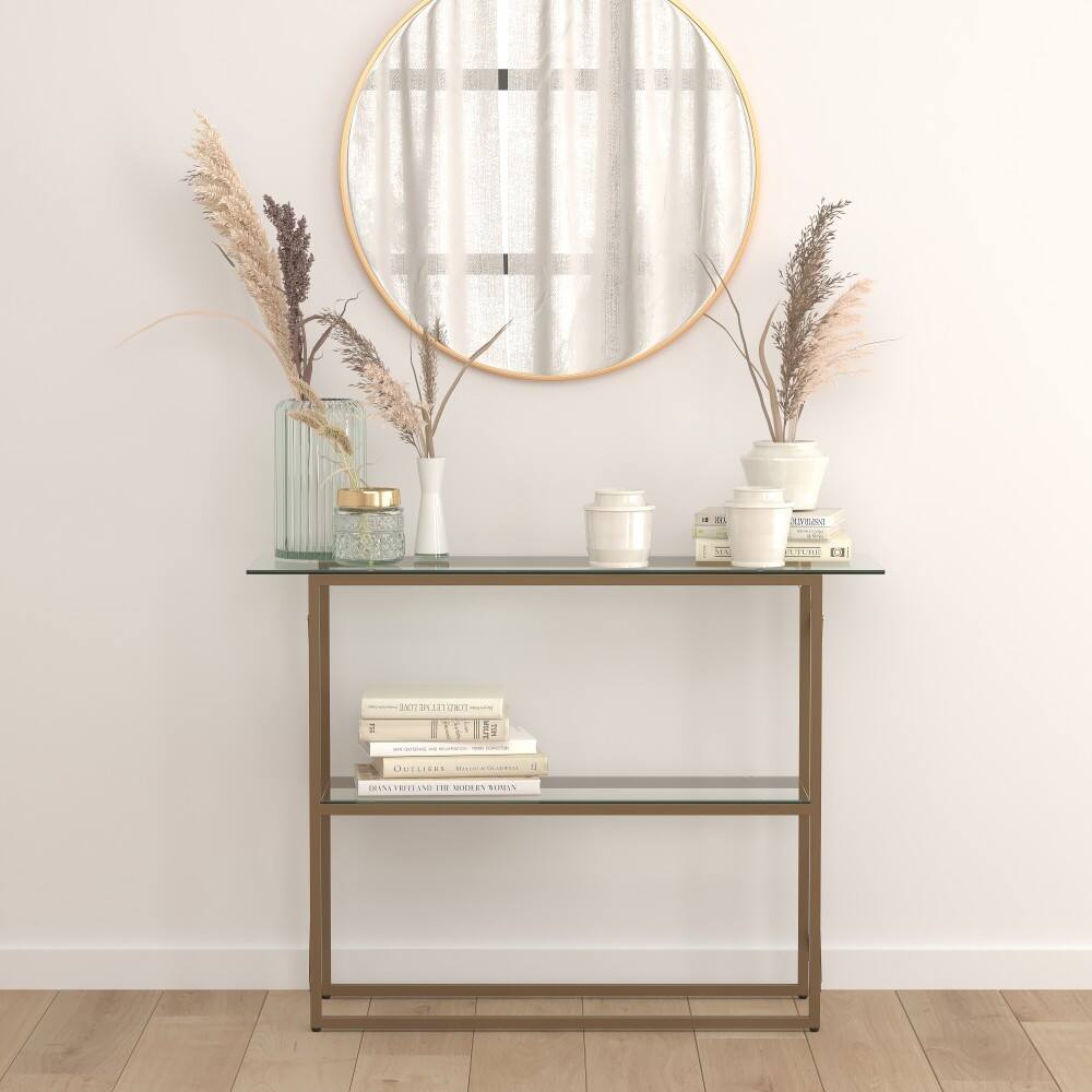 Glass Console Table with Criss Cross Matte Gold Frame - Occasional Table
