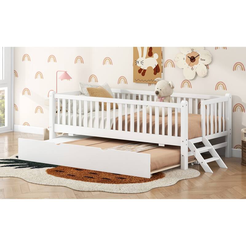 Roomfitters Twin Wood Platform Bed with Semi-Enclosed Guardrail and Trundle