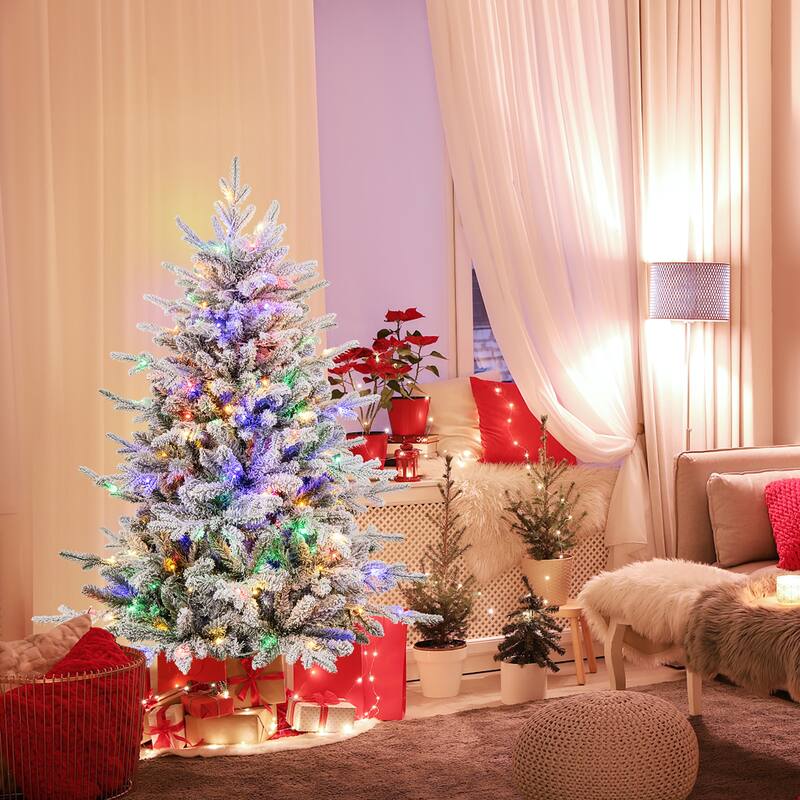 Gymax 4.5/6/7 FT Pre-Lit Artificial Christmas Tree Snow Flocked Full