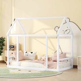 Twin Size Wooden Floor Bed with House Roof Frame and Safety Guardrails