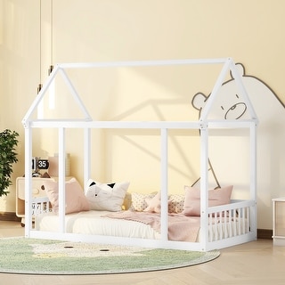 White Twin Size Pine Wood Floor Bed with House Roof Frame and Safety Guardrails