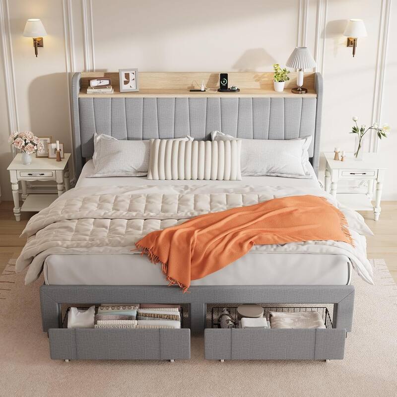 Upholstered Platform Beds with Drawers, Storage Headboard, Charging Station, Grey - King