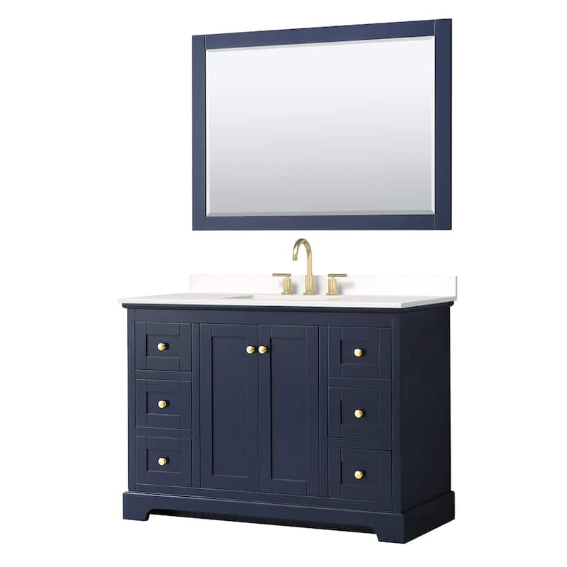 Avery 48-inch Single Vanity, Quartz Top, 46-inch Mirror - Dark Blue, Gold Trim, White Quartz Top