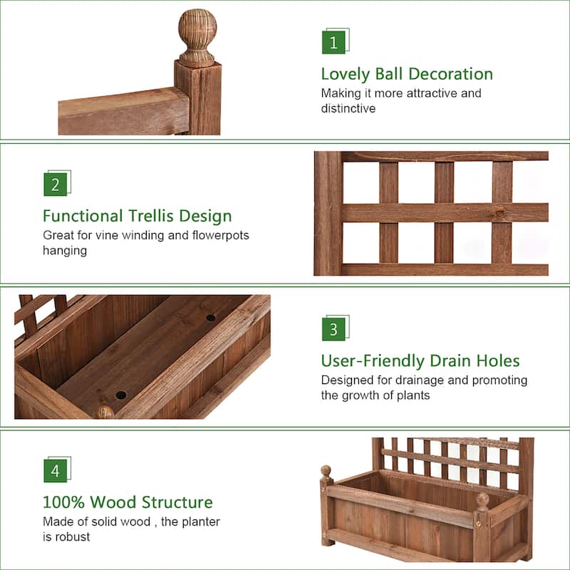 Costway 2 PCS Solid Wood Planter Box with Trellis Weather-Resistant
