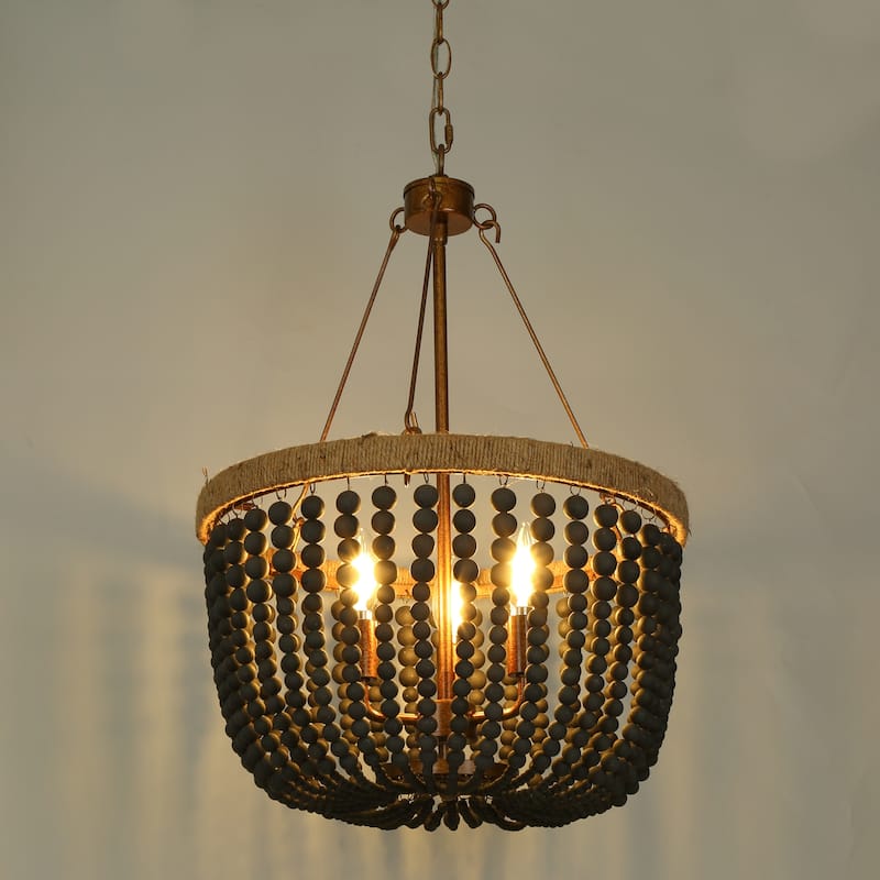 Farmhouse Coastal Wood Beaded Drum Chandelier 3-light Black Dining Room Bedroom Lighting with Hemp Rope - D16'' * H23''