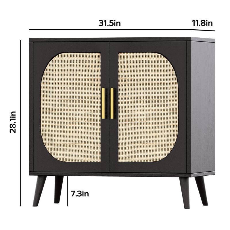 2-Door Rattan Storage Cabinet, Coffee Bar Cabinet with Solid Wood Feet, Kitchen Buffet Cabinet with Adjustable Shelf