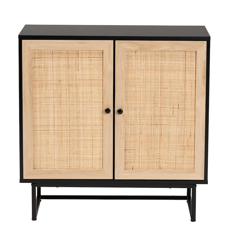 Declan Mid-Century Modern Espresso Brown Finished Wood and Natural Rattan 2-Door Storage Cabinet