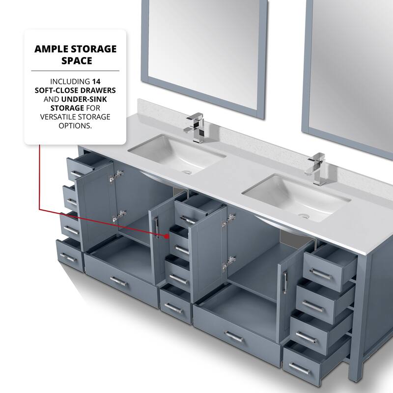 Jacques 84 in. W x 22 in. D Dark Grey Double Bath Vanity, White Quartz Top, Faucet Set, and 34 in. Mirrors