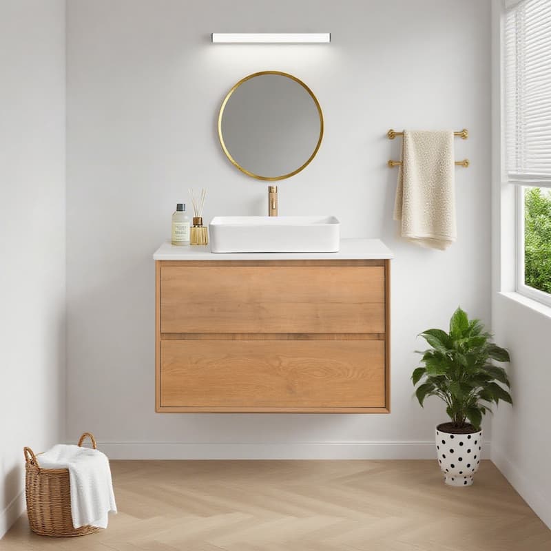 Sylphar 36 inch Toffee Oak Floating Bathroom Vanity with White Quartz Top