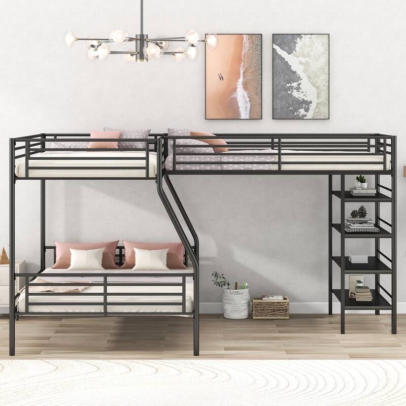 Black Twin & Full Size L-Shaped Metal Triple Bunk Bed with Loft, 4 Built-in Shelves, Full-Length Guardrails