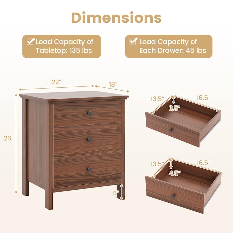Gymax Set of 2 3-Drawer Nightstands Wooden Bedside Table Modern Side