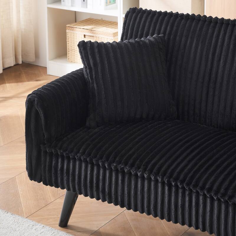 Black Corduroy Sofa for Living Room and Bedroom with Adjustable Backrest and Cup Holder