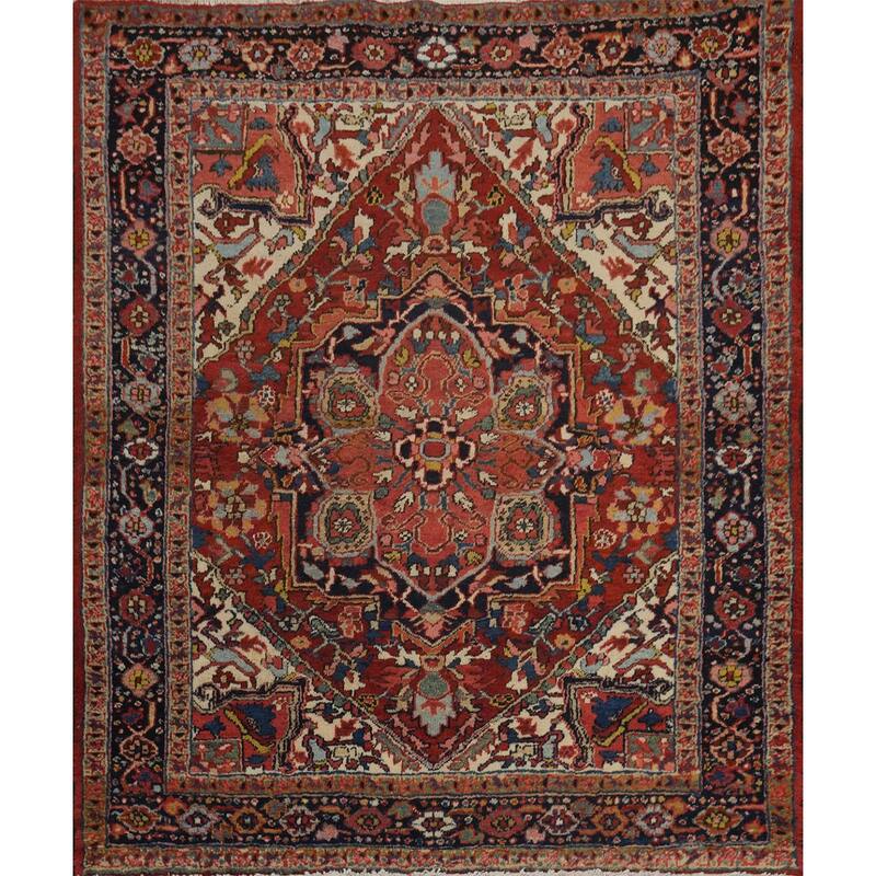 Hand Knotted Oriental 100% Wool Carpet Traditional Medallion Oranges & Rust Heriz (serapi) Area Rug - 4' 6'' X 4' 0''