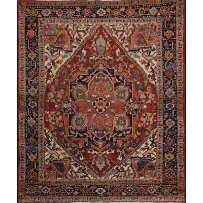Hand Knotted Oriental 100% Wool Carpet Traditional Medallion Oranges & Rust Heriz (serapi) Area Rug - 4' 6'' X 4' 0''