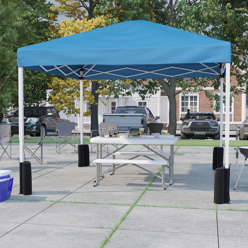 10' x 10' Pop Up Canopy - Wheeled Case - Folding Table with Benches Set - Blue