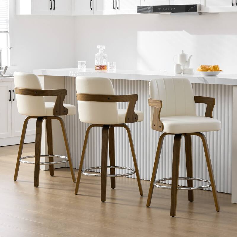 Upholstered Swivel Barstool with Arms and Bentwood Legs - 40.8"H x 18.9"W x 19.5"D/19.3"D