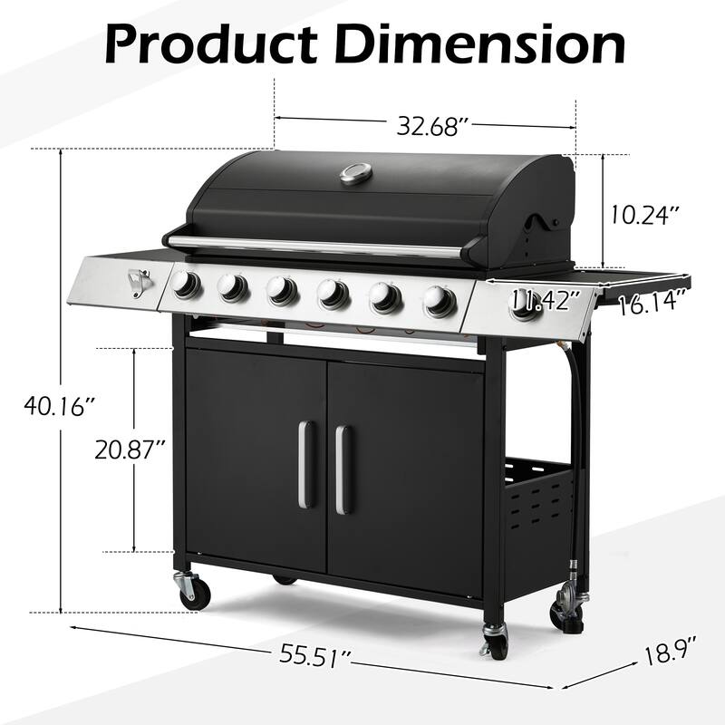 Outdoor Propane Gas Grill with Side Burner, Cast Iron Grates, Storage Cabinet, Easy Clean for Backyard & Patio.