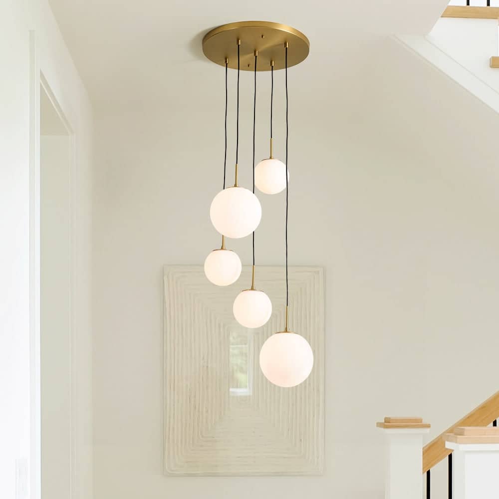 5-Light Mid-century Glam Cluster Frosted Glass Staircase Pendant - 17.7 in