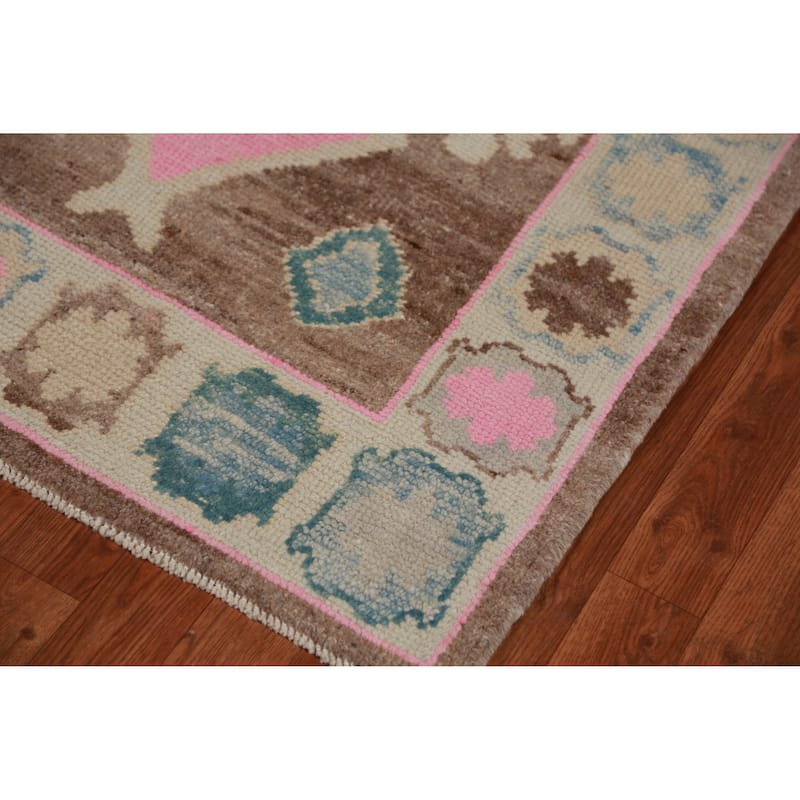 Hand Knotted Oriental 100% Wool Carpet Transitional Geometric Brown Oushak Runner Rug - 16' 1'' X 3' 5''