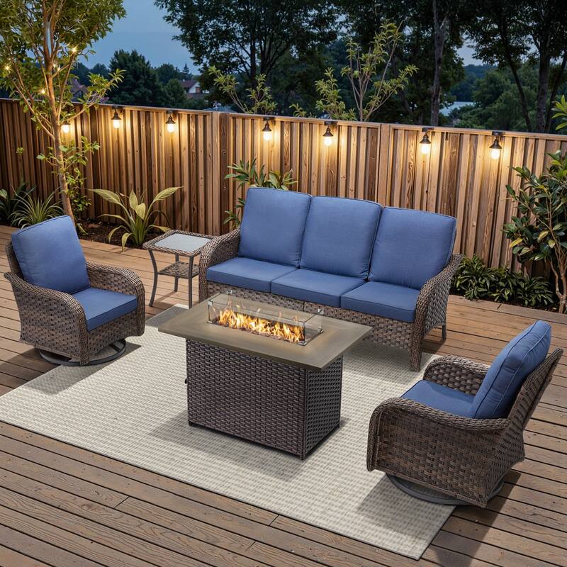 Cavira Brown Wicker Patio Fire Pit Conversation Set with Swivel Gliders - Navy Blue Cushions - 5-Piece