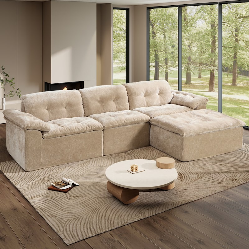 Rossetta L-Shaped Modular Chenille Cushioned Extreme Comfort Sofa with Detachable Backrest and Armrests, 1 Removable Ottoman - Coffee