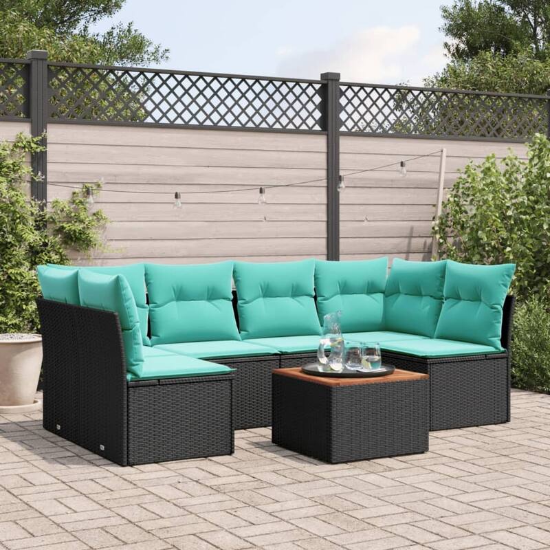 vidaXL 7 Piece Patio Sofa Set with Cushions Black Poly Rattan - 24.4 x 24.4 x 27.2 - Black-2x corner + table + 4x middle