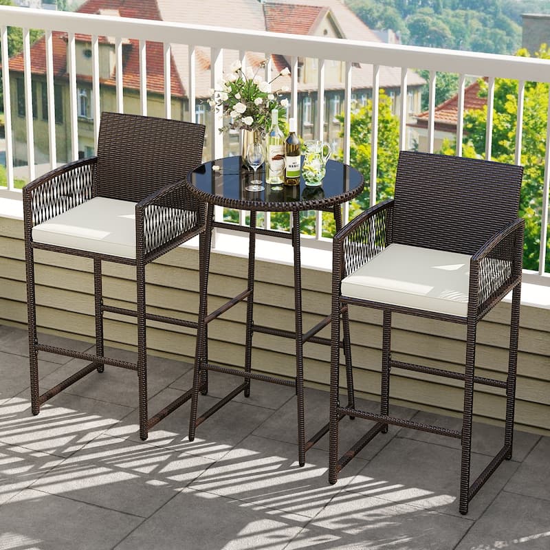 3-Piece Mix Brown Rattan Outdoor Patio Bar Set with Off White Cushions and 2 Chairs Included Table - 20.5" x 19.5" x 44"