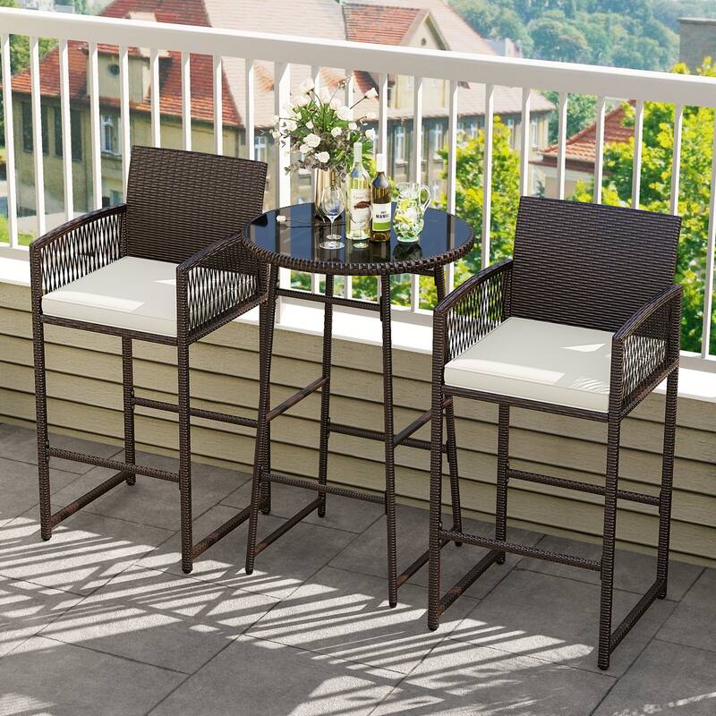 Outdoor 3-Piece Wicker Patio Bar Set with 2 Cushioned Barstools and Tempered Glass Table - 20.5" W x 19.5" D x 44" H