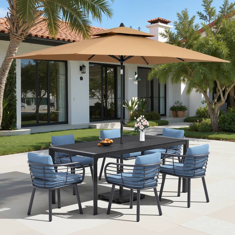 9/11-Piece Outdoor Dining Set w/10 ft Umbrella and Base Aluminum Dining Table and Chairs with Sunbrella Cushions - Set of 9 - Black Table with Tan Umbrella