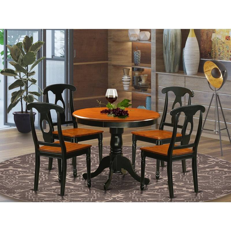 5-Piece Round Black Finish Solid Wood Top Dining table with 4-Chairs with