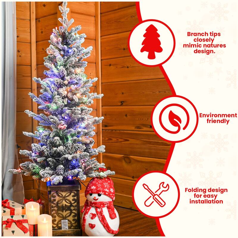 Pre-Lit Flocked Christmas Tree - Multicolour LED Lights, Pine Cones, Glitter Base, Light-Up Basin, Easy Assembly - White+Green