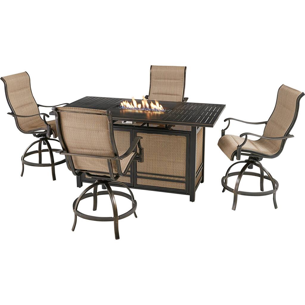 Hanover Traditions 5-Piece High-Dining Set in Tan with 4 Padded Counter-Height Swivel Chairs and a 30,000 BTU Fire Pit Table