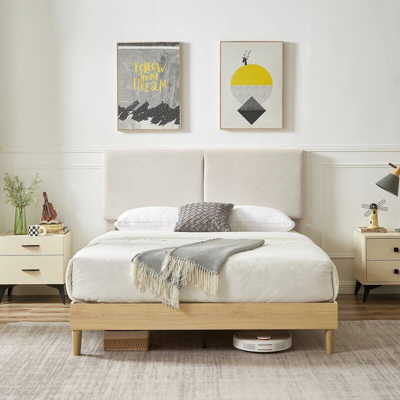Javlergo Upholstered Bed Frame with Linen Fabric Adjustable Headboard, Strong Wood Slats Supports, No Box Spring Needed - Beige - Full
