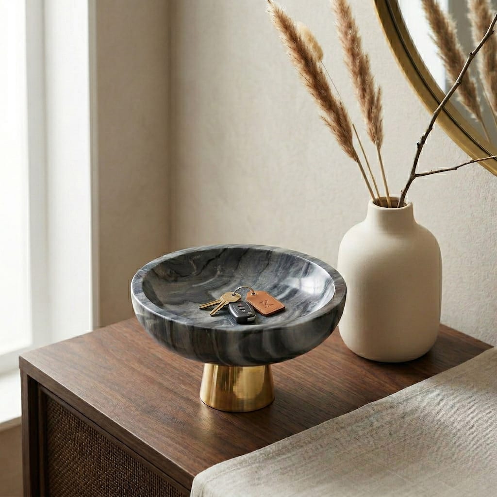 Modern Round Marble Bowl with Metal Pedestal Base - 12", Gray & Gold - 12.0"