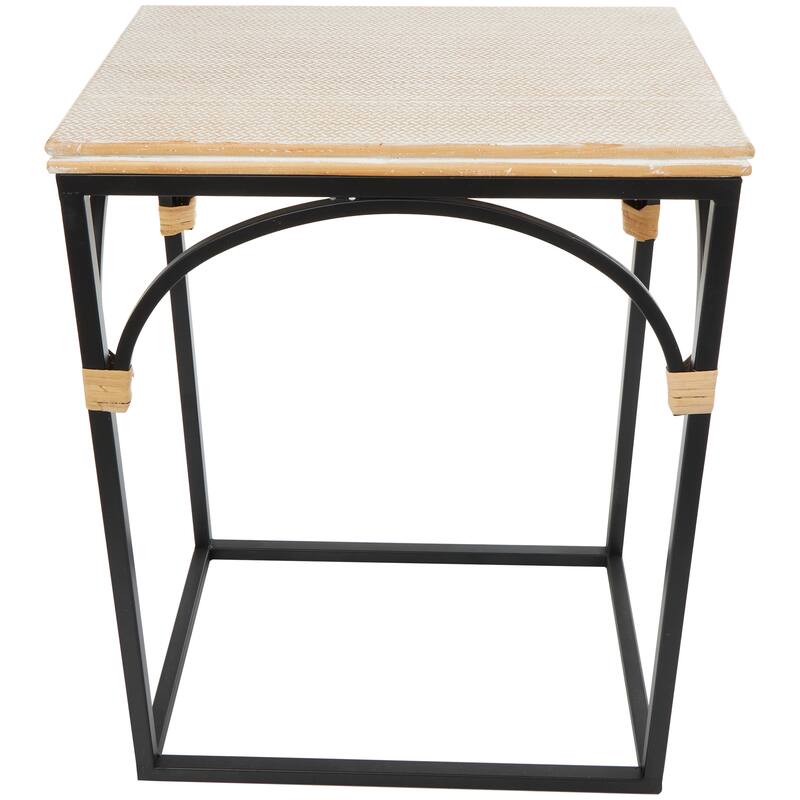 Black Metal Arched Accent Table with Wood Zig Zag Patterned Top and Rattan Accents (Set of 2)