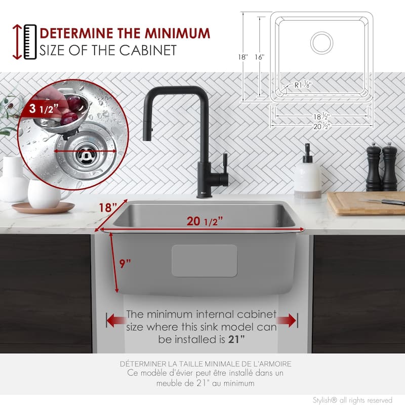 STYLISH 20.5 inch Single Bowl Undermount and Drop-in Stainless Steel Kitchen Sink - 20.5" x 18" x 9"