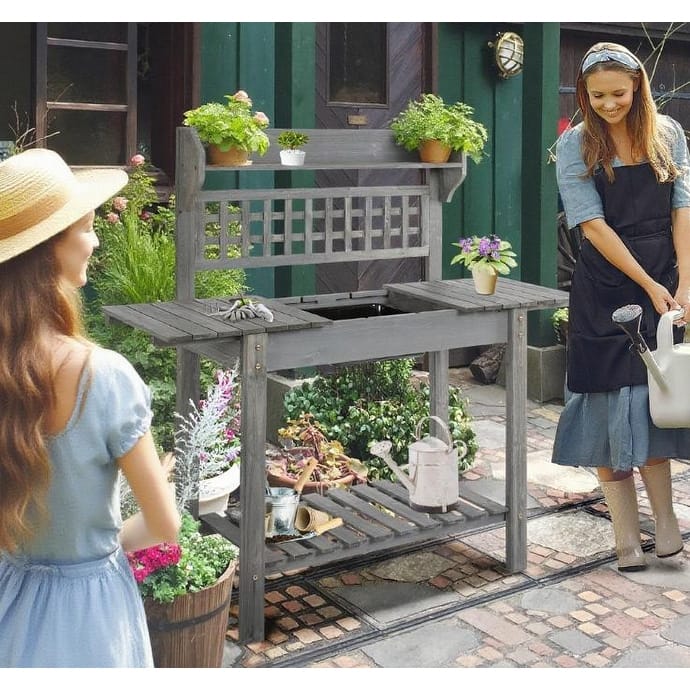 Wooden Plant Shelving, Potting Bench, Sliding Tabletop and Dry Sink