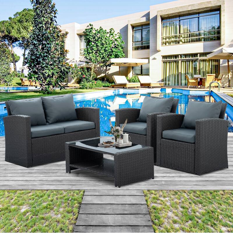 Dark Grey Patio Furniture Set with PE Wicker Sofa, Chairs, and Tempered