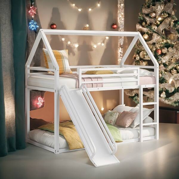 slide 2 of 18, Twin over Twin House Bunk Bed with Ladder and Slide for Home White
