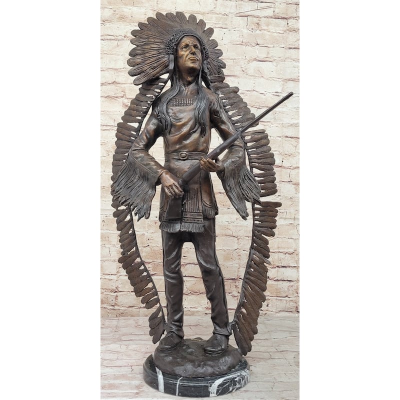 Native American Indian Warrior W/ Rifle Bronze Statue Sculpture Western Decor