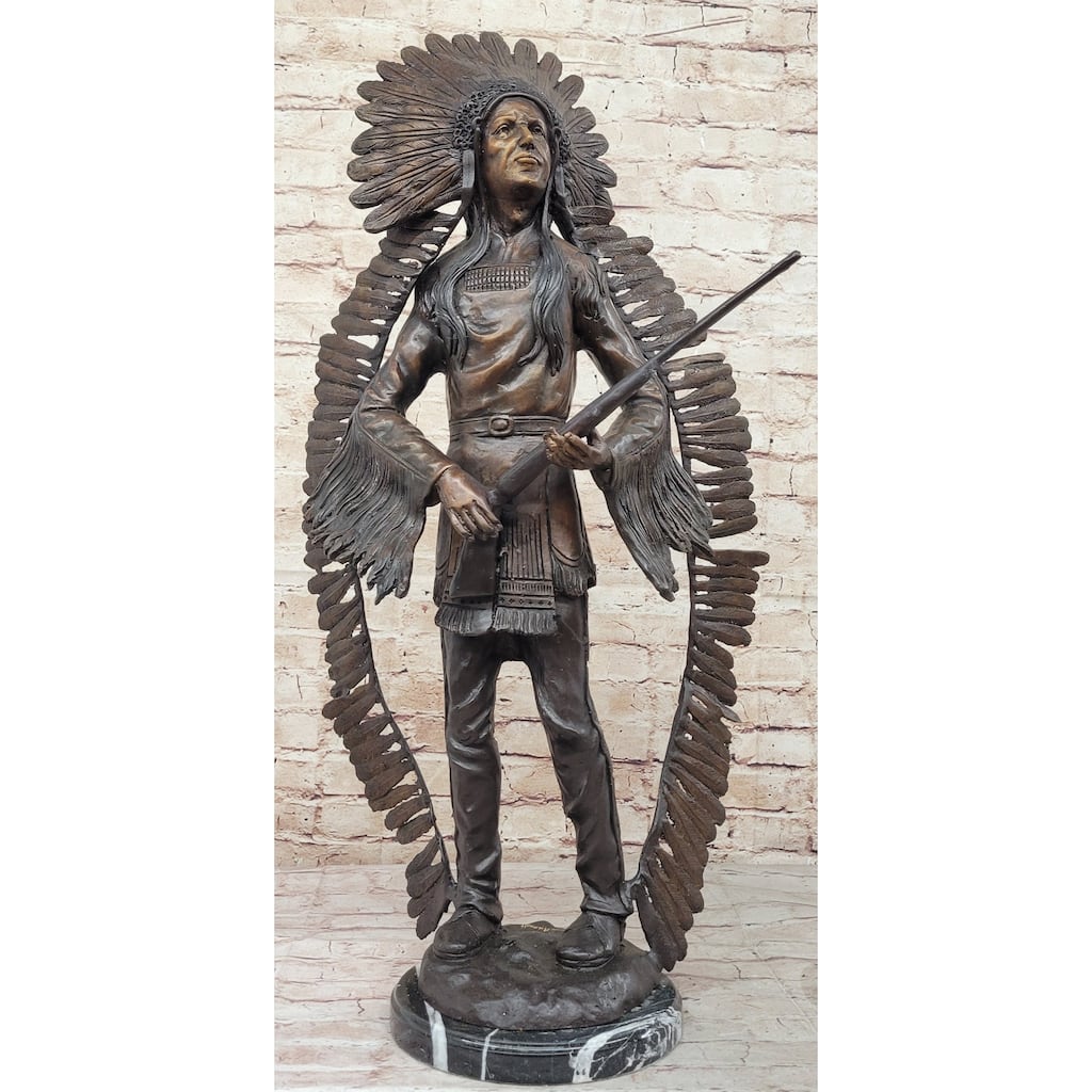 Native American Indian Warrior W/ Rifle Bronze Statue Sculpture Western Decor