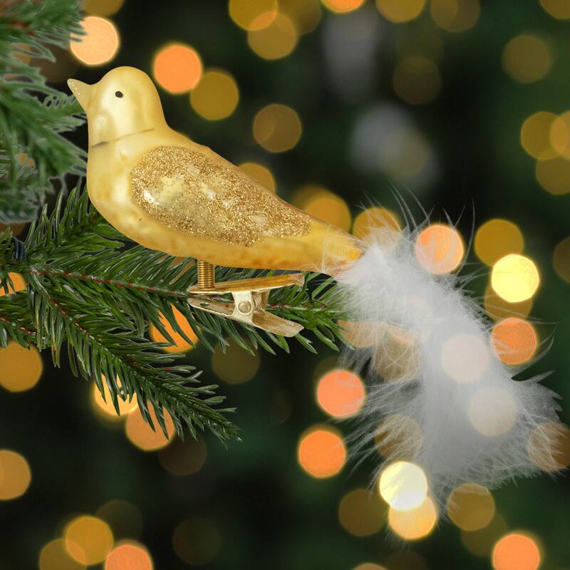 5.5" Gold Bird with Feather Tail Glass Clip On Christmas Ornament - 1.5"