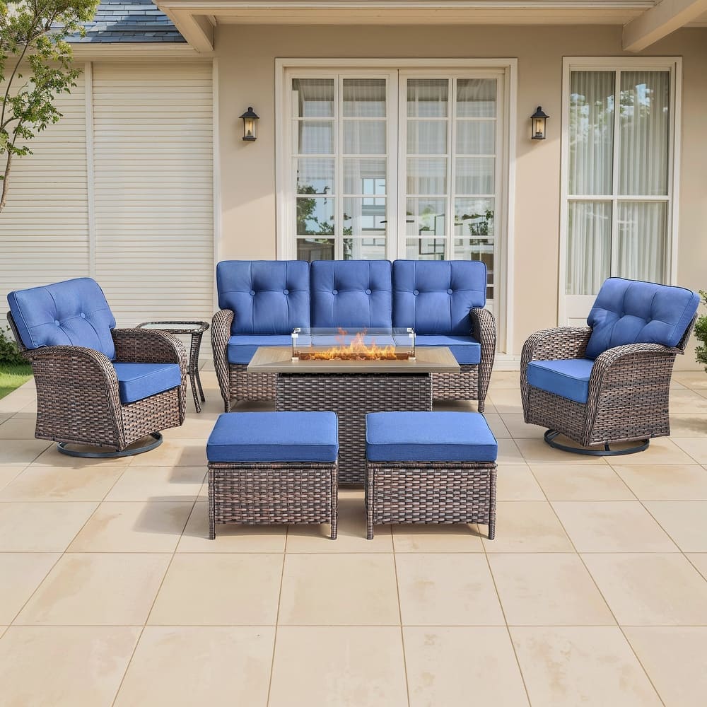 Gymojoy Outdoor Wicker Patio Furniture Sofa Set with 55,000 BTU Fire Pit Table, Swivel Chairs, Ottomans & Side Tables