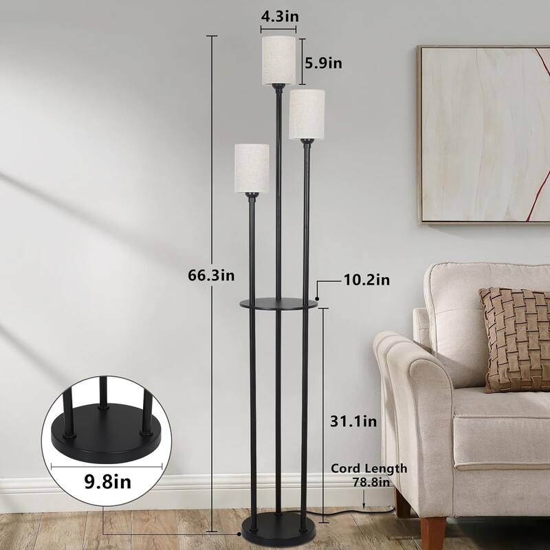Modern 3-Lights Floor Lamp with Shelves, Linen Shade and Foot Switch