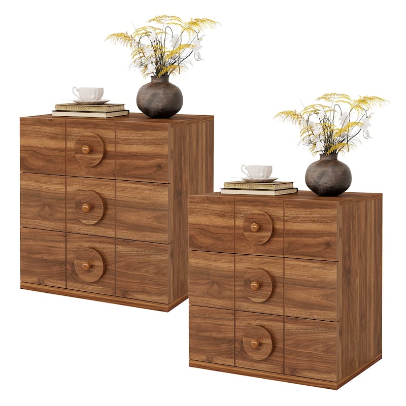 3 Drawers Nightstand with Solid Handles, Modern Night Stand for Bedroom - 2Pack-Walnut Brown