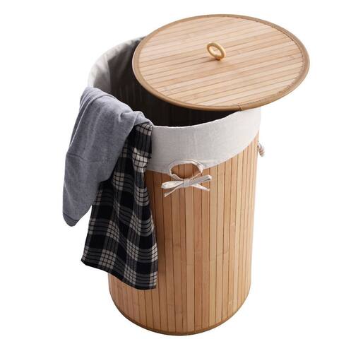 Barrel Type Bamboo Folding Basket Laundry Hamper