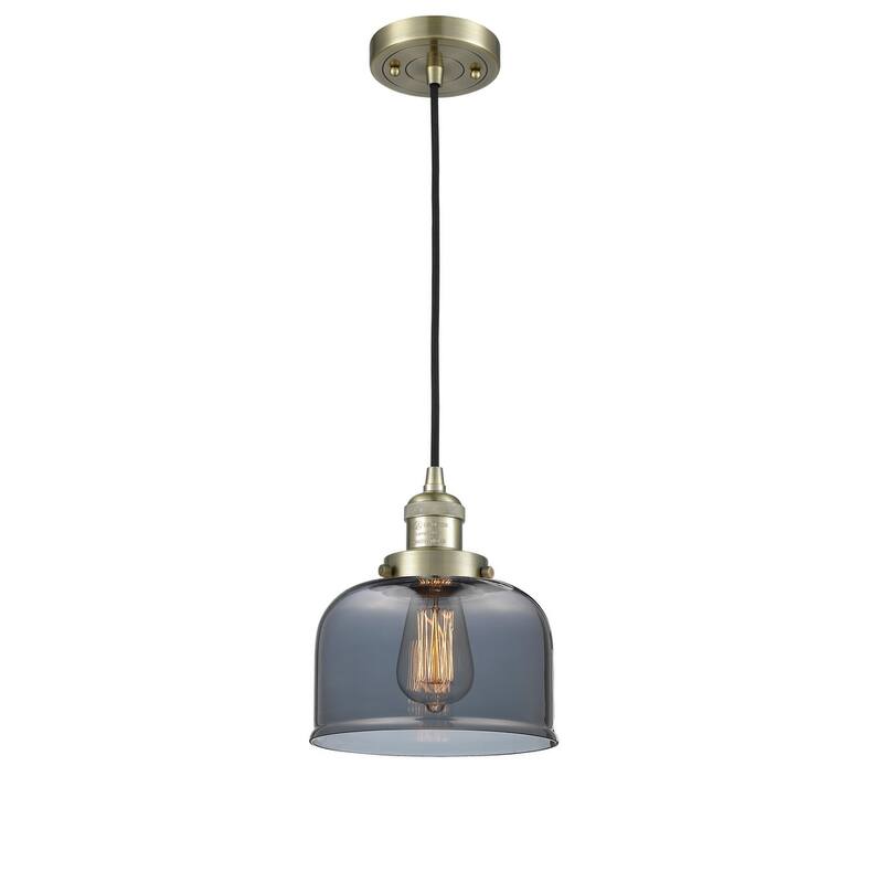 Innovations Lighting Large Bell 8" Wide Mini Pendant - Cord Suspension - Antique Brass / Plated Smoked